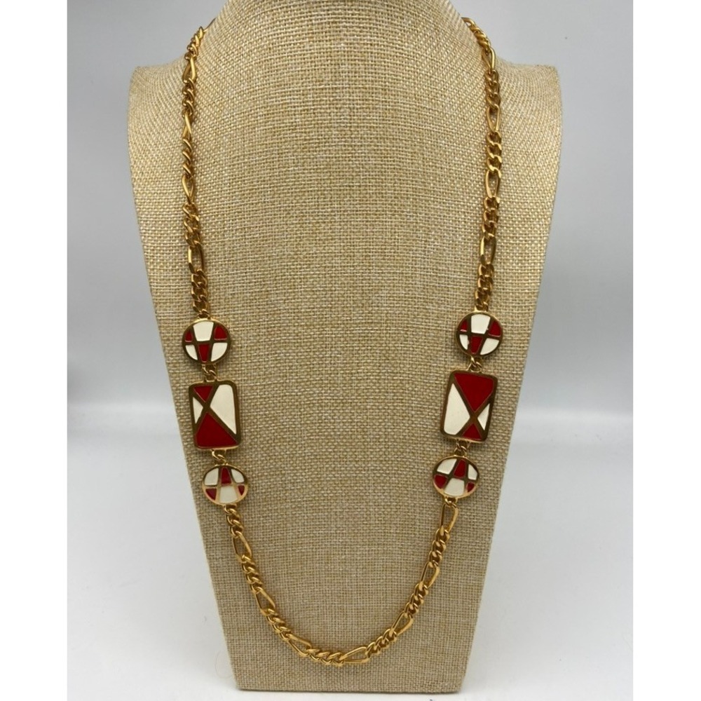 Vintage Necklace Chunky Link Chain Station Necklace Red White Enamel Luxe